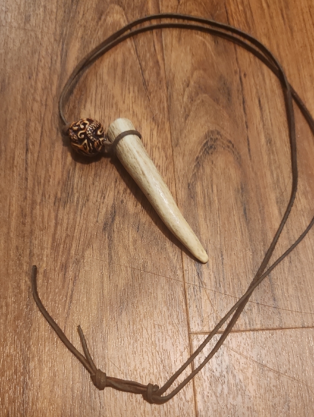 Carved Pendant Necklace with Decorative Bead - Brown Cord